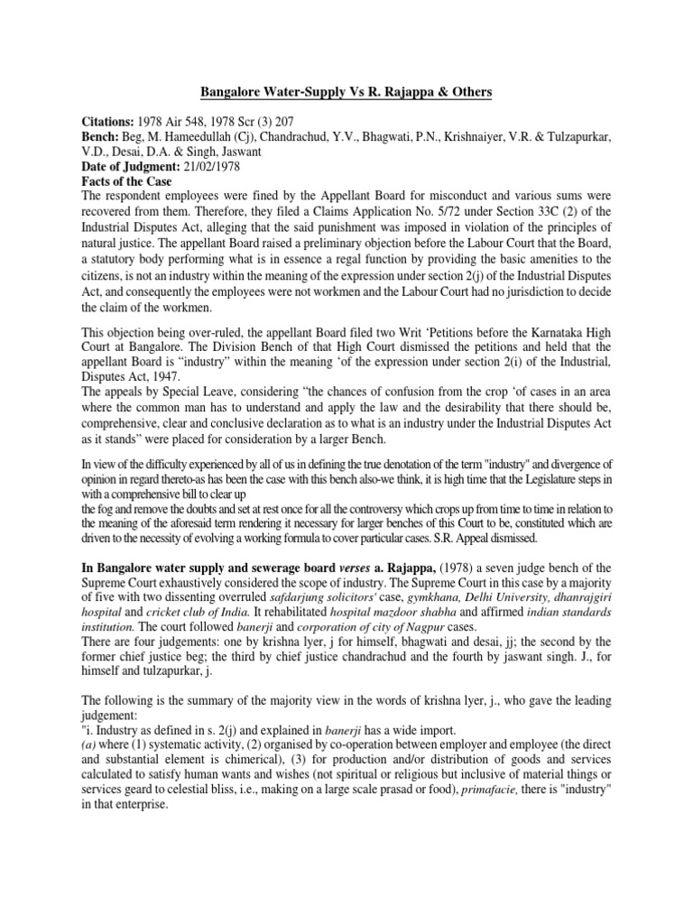 Bangalore Water Supply Case PDF Employment Supreme Court Of The United States