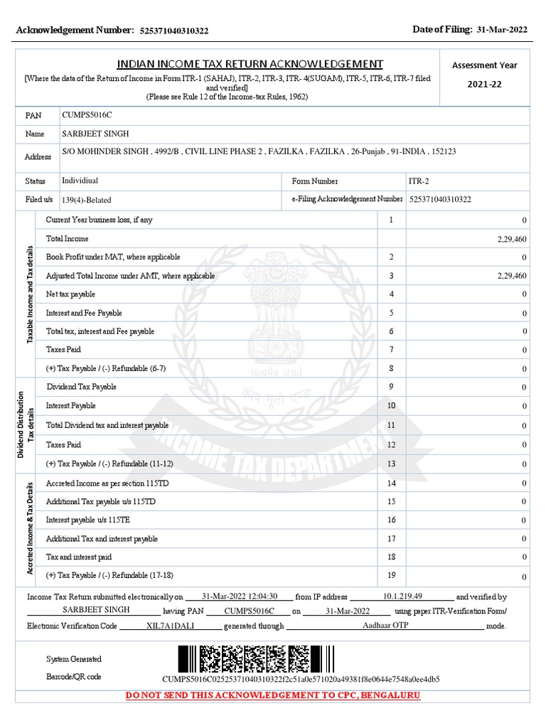 Tax Return Acknowledgement for Assessment Year 202122 of