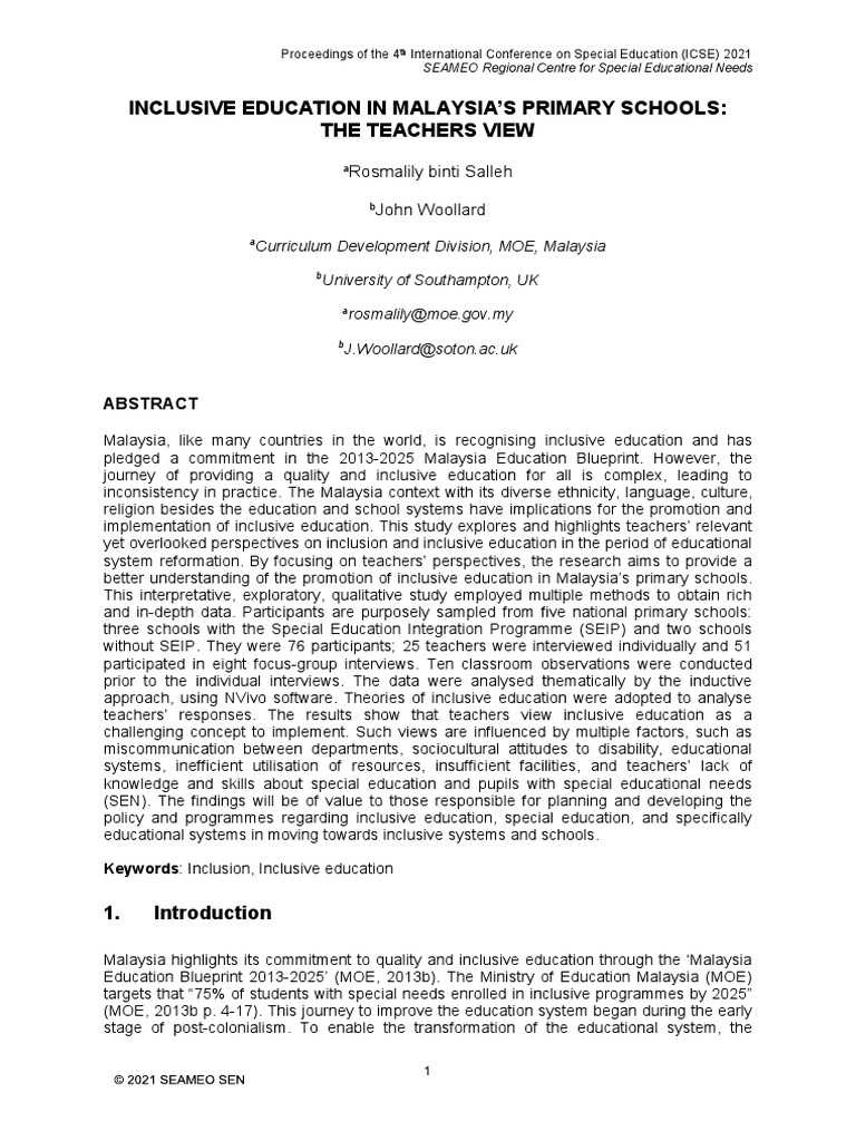 Teachers' Views on Inclusive Education in Malaysia | PDF | Inclusion ...