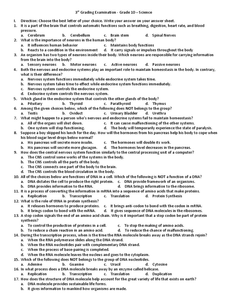 3rd Grading Examination G10 Science Pdf Human Body Dna