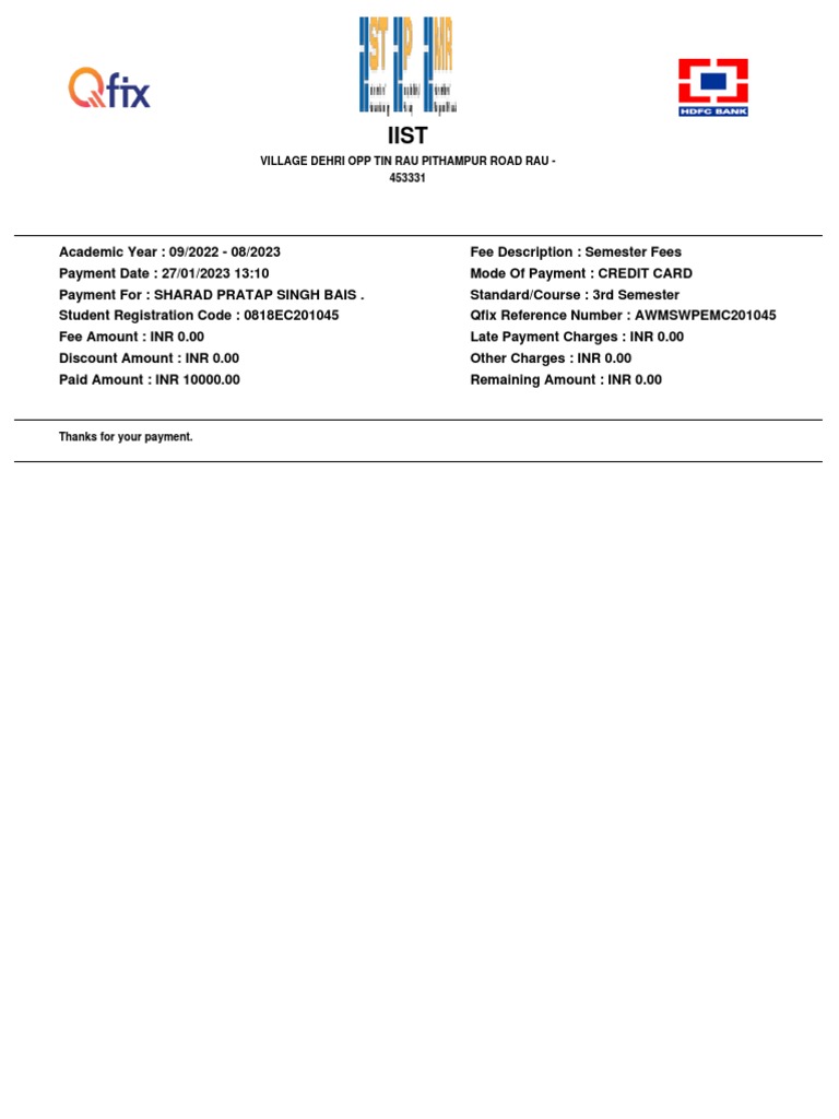 QFIX-PAYMENT-RECEIPT-Semester Fees | PDF