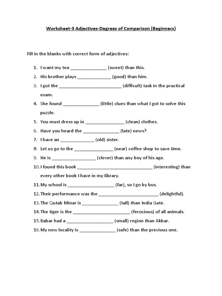 Adjective Comparison Worksheet for Beginners | PDF | Language Arts ...