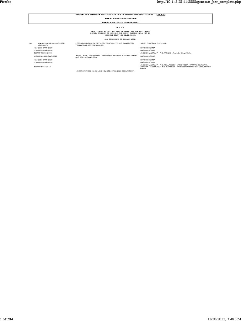 Urgent D.B. I Motion Petition For The Thursday Dated 01/12/2022 CR No 1