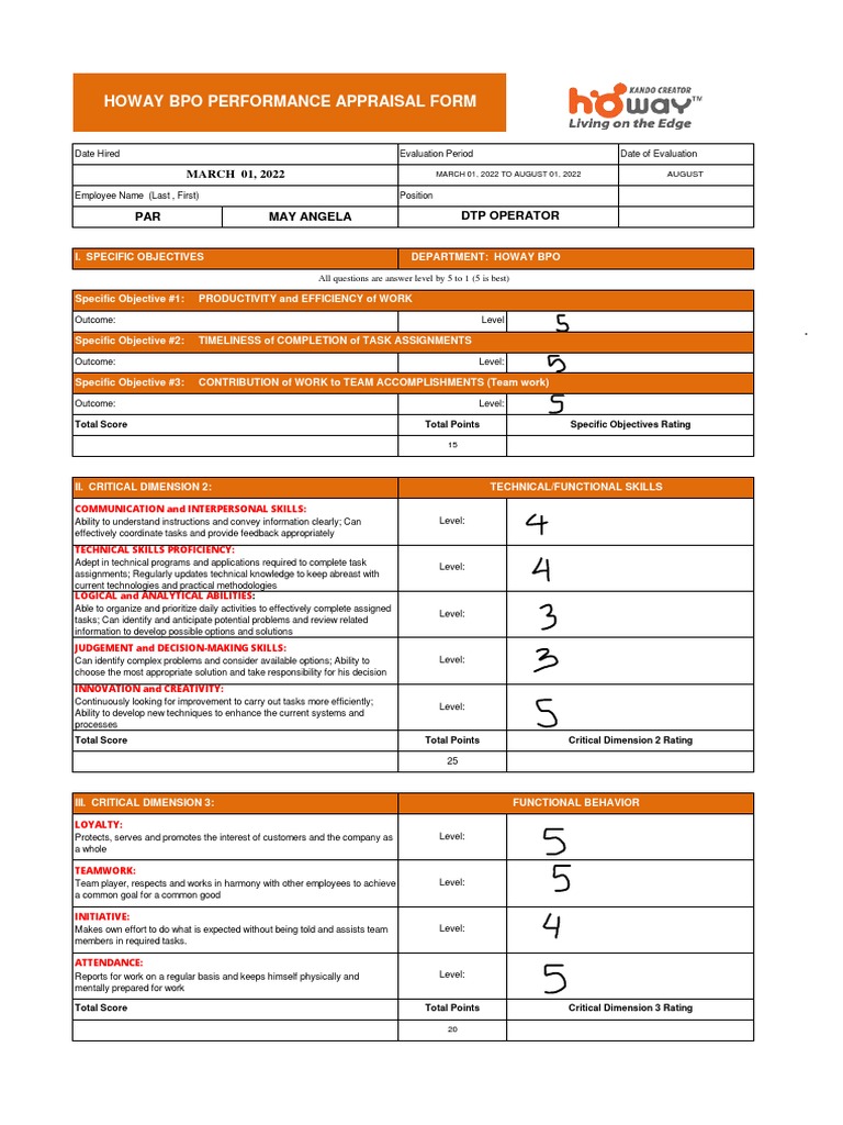 Howbay BPO Performance Appraisal and Compensation Form | PDF ...