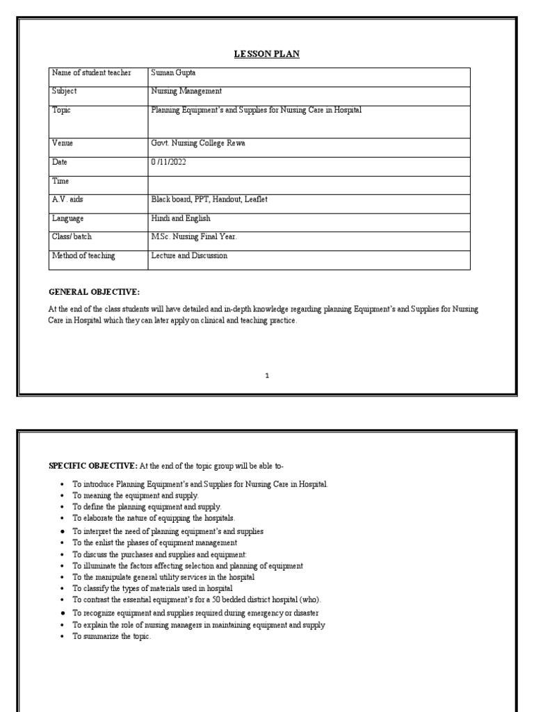 LESSON PLAN of Planning Equipment and Supply | PDF | Hospital | Nursing
