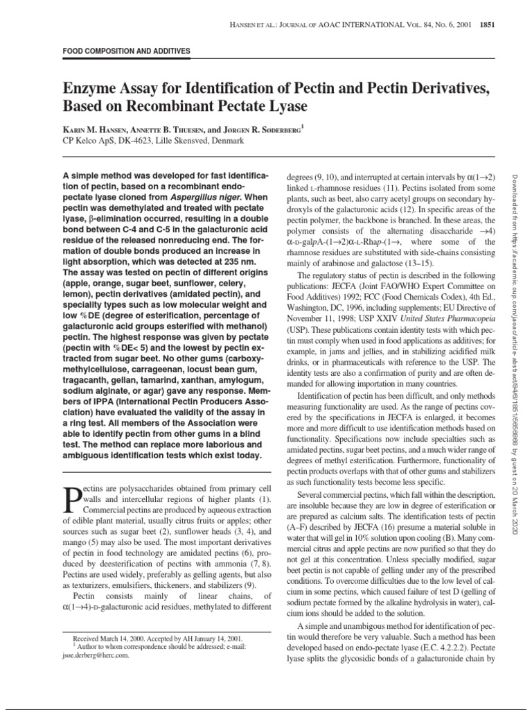 Enzyme Assay For Identification of Pectin and Pectin Derivatives PDF