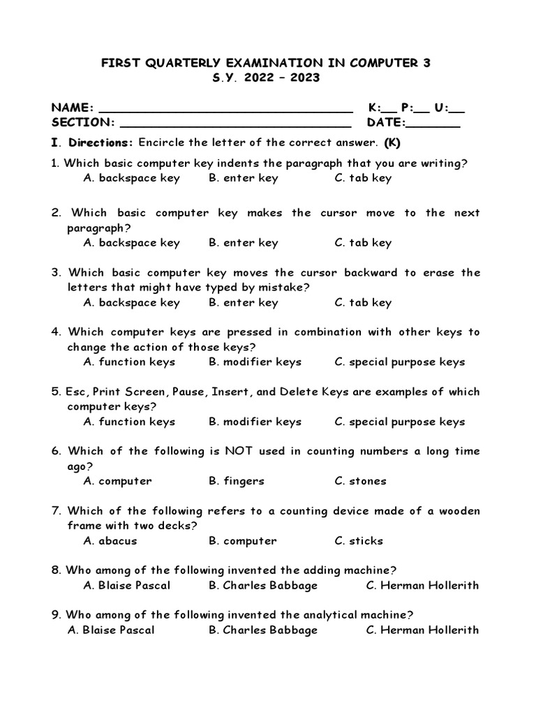 Computer Basics Exam: Q1 2022-2023 | PDF | Computer Keyboard | Text