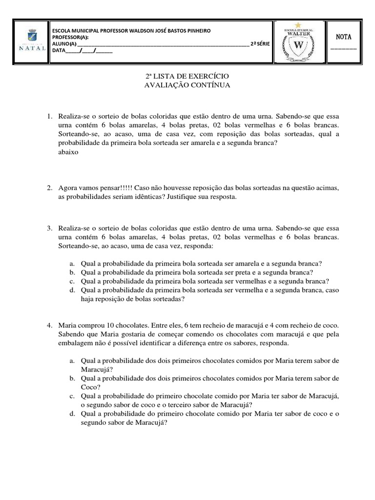 Escola Municipal Professor Waldson José Bastos Pinheiro Professor (A) :  ALUNO (A) - 2 SÉRIE DATA, PDF, Saúde pública