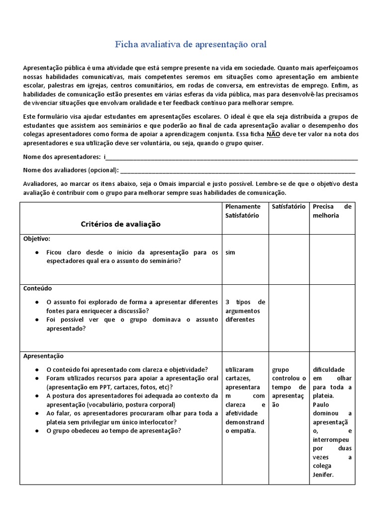 Ficha de Avaliação de Apresentação Oral | PDF | Comunicação