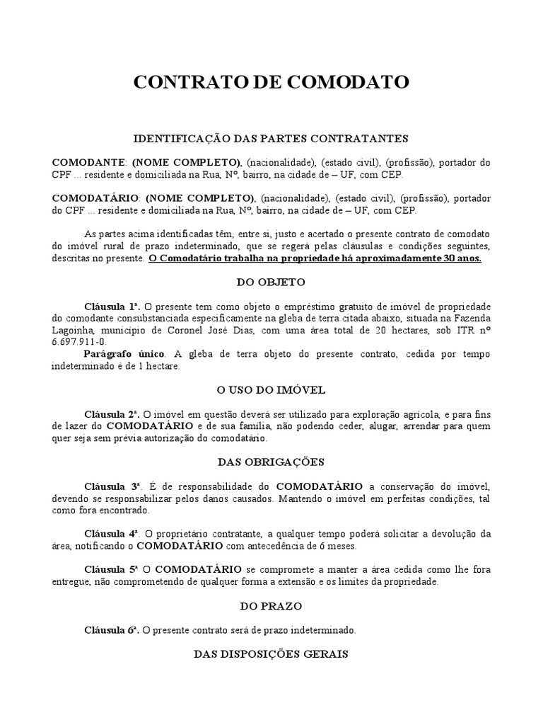 contrato de comodato | PDF | Empréstimos | Direito Privado