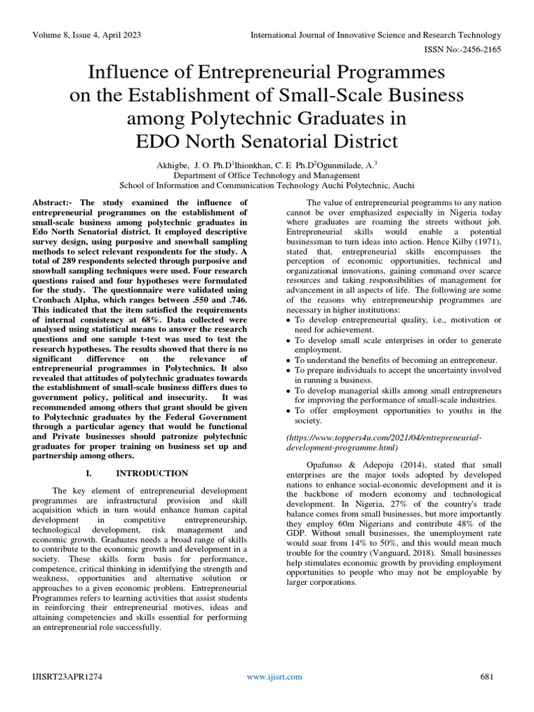 Influence of entrepreneurial programmes on the establishment of small