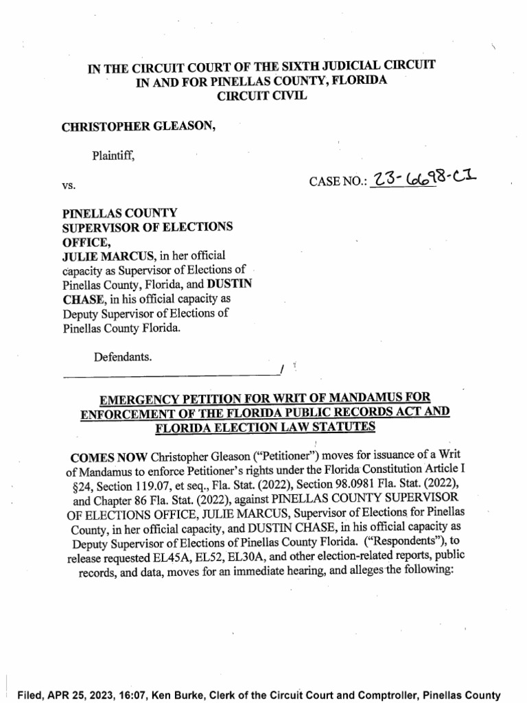 Gleason V Pinellas County SOE Petition For Writ of Mandamus | PDF |  Mandamus | Legal Procedure