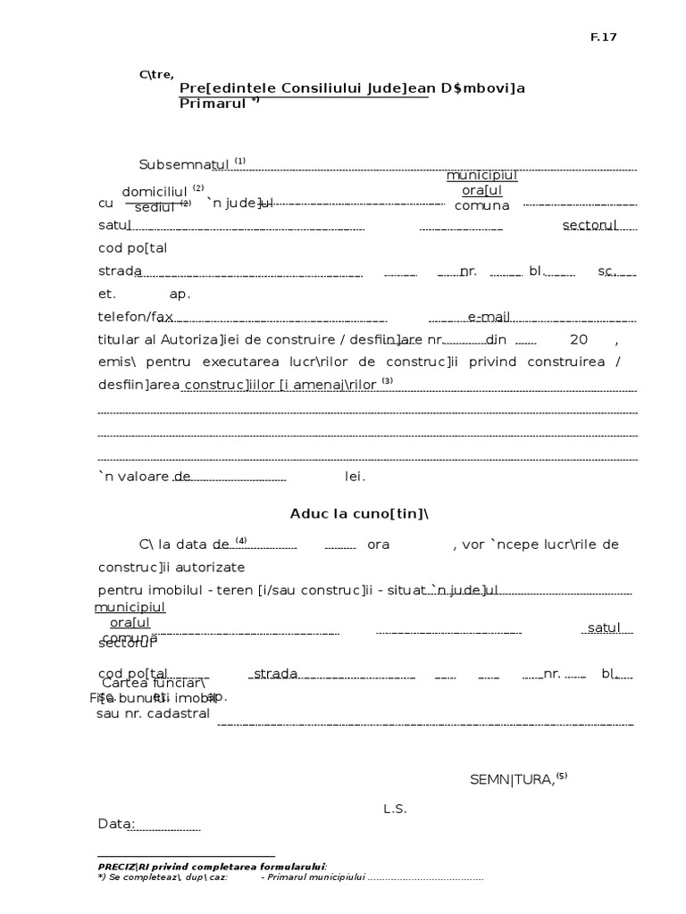 F17 Formular Pentru Instiintarea Inceperii Lucrarilor Autorizate | PDF