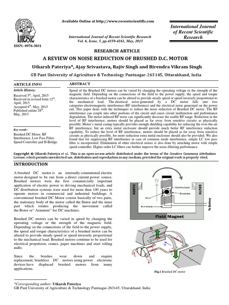 A Review On Noise Reduction of Brushed D.C. Motor PDF Electric