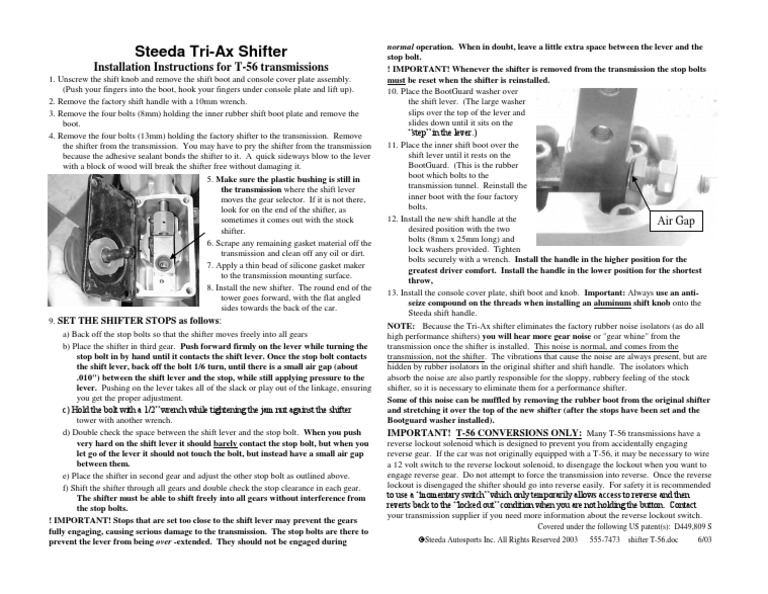 Steeda TriAx Shifter Installation Instructions For T56 Transmissions
