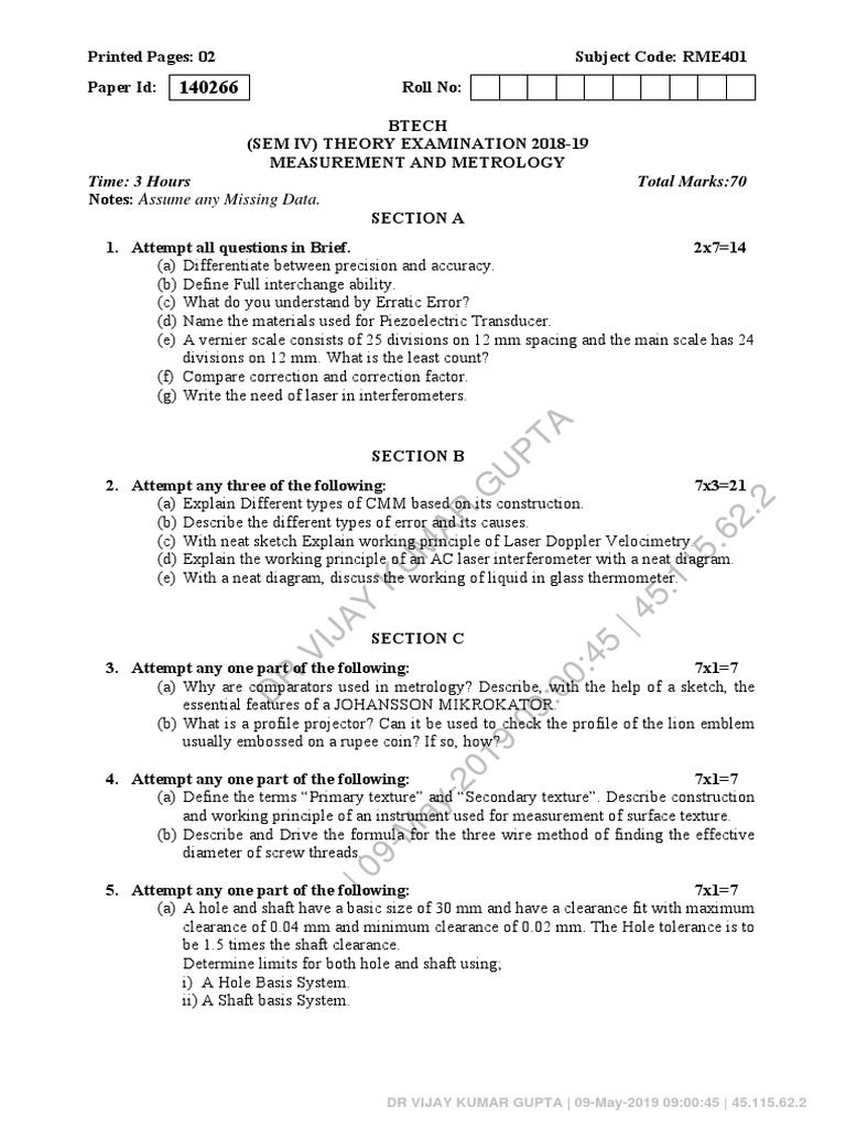 ME3592 Metrology Exam Questions | PDF | Engineering Tolerance | Metrology