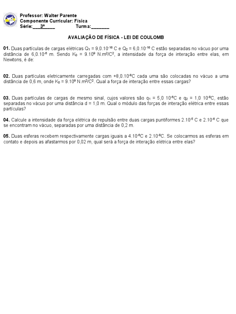 Exercícios Resolvidos: Lei de Coulomb | PDF
