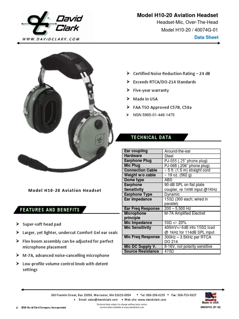 Model H10-20 Aviation Headset: Technical Specifications and Features of ...