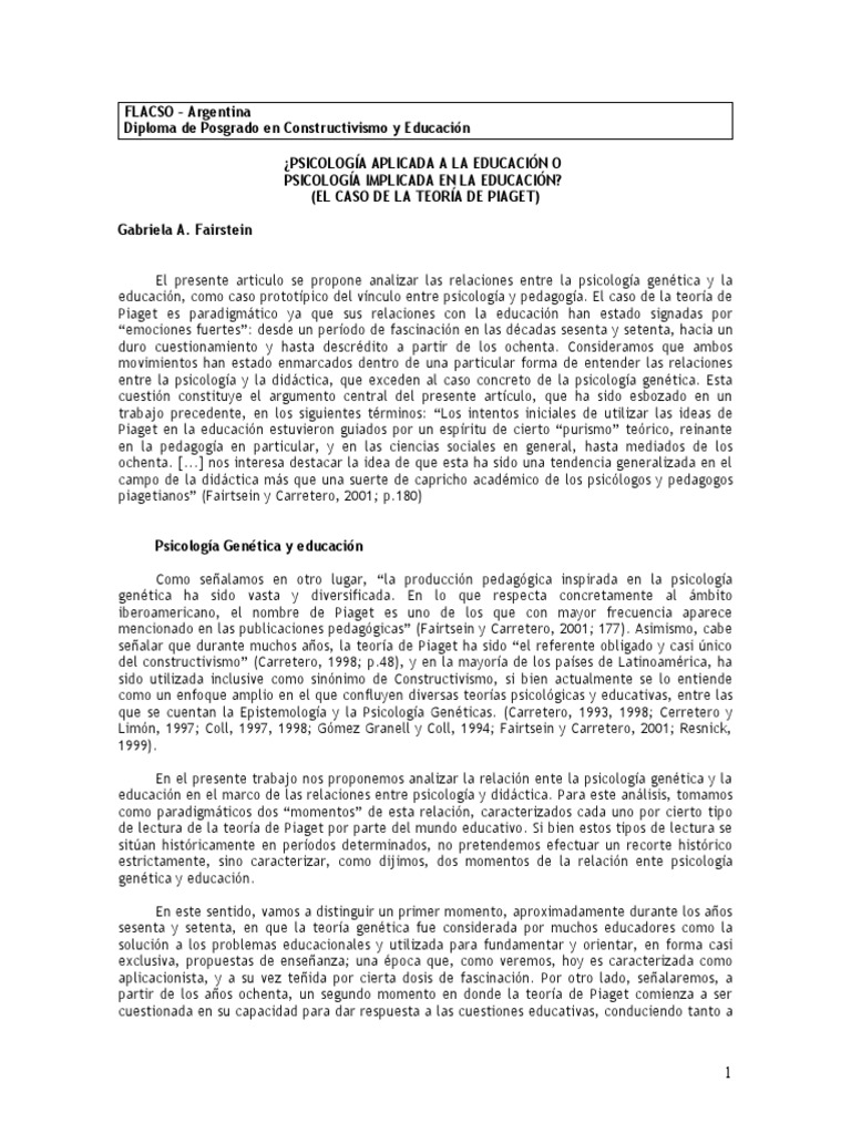 Fairstein G Psicolog A Aplicada A La Educaci N O Psicolog A Implicada 