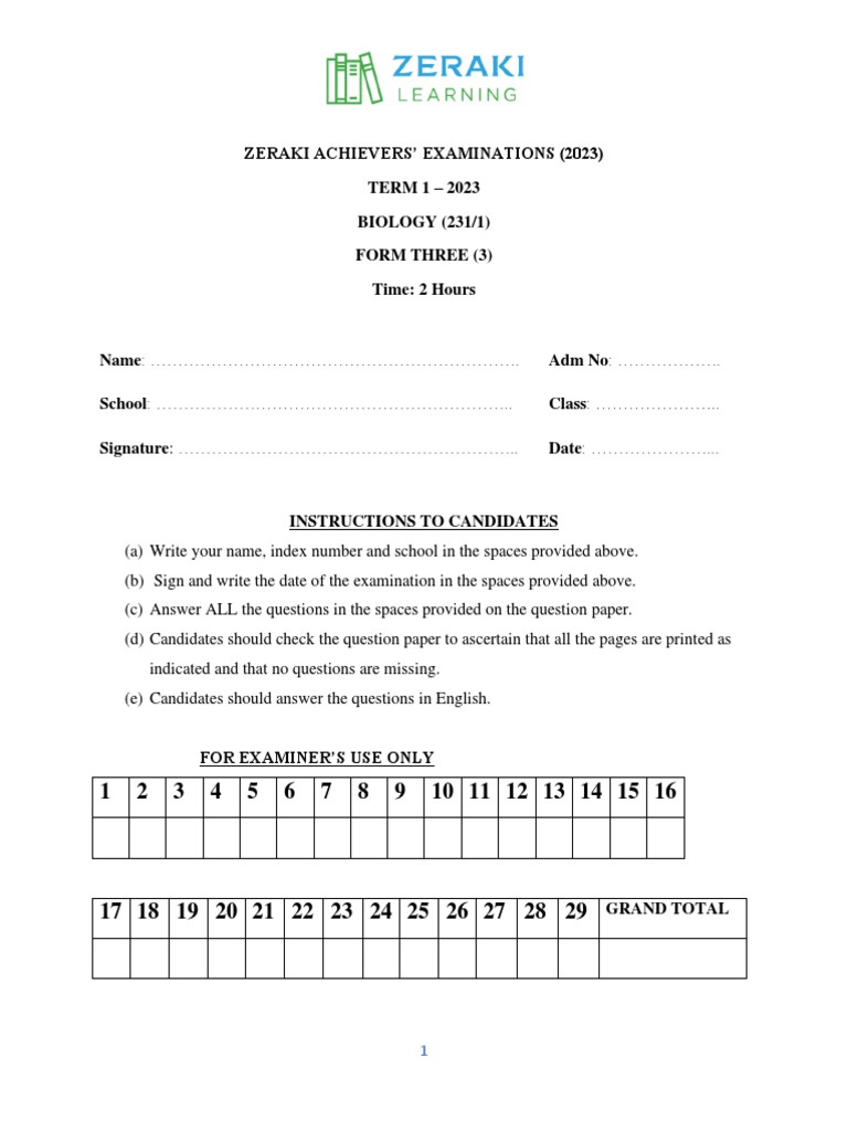 Term 1 Biology Exam for Form 3 | PDF | Glycogen | Biology