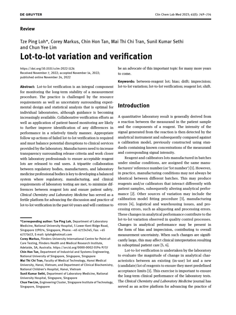 Lot-To-Lot Variation and Verification - cclm-2022-1126 | PDF ...