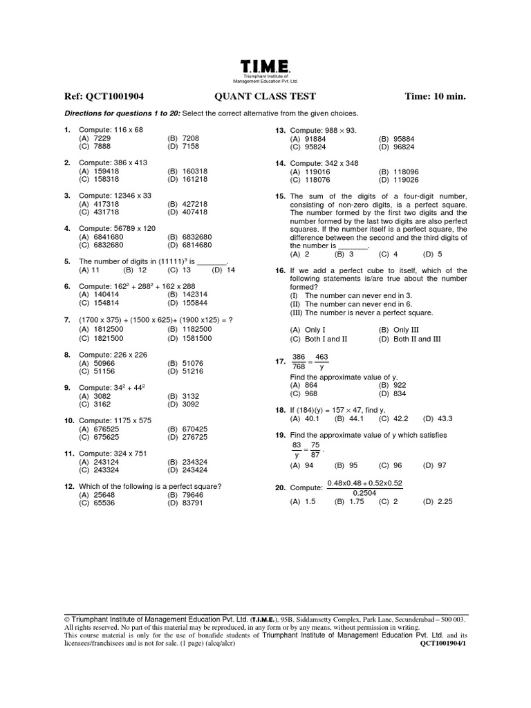 Quantitative Class Test Questions | PDF | Mathematics | Arithmetic