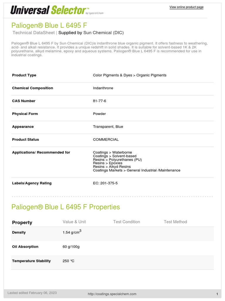 Paliogen® Blue L 6495 F - Sun Chemical (DIC) | PDF | Epoxy | Pigment