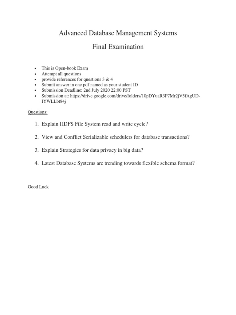 Advanced Database Management Systems Final Examination | PDF | Computers