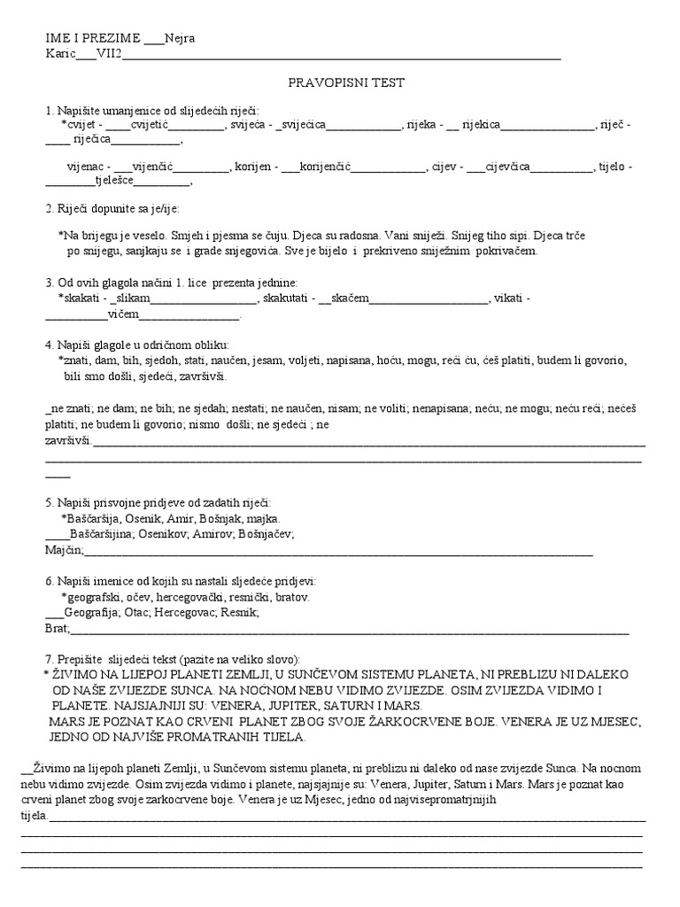 Ime I Prezime - Nejra Karic - VII2 - Pravopisni Test | PDF