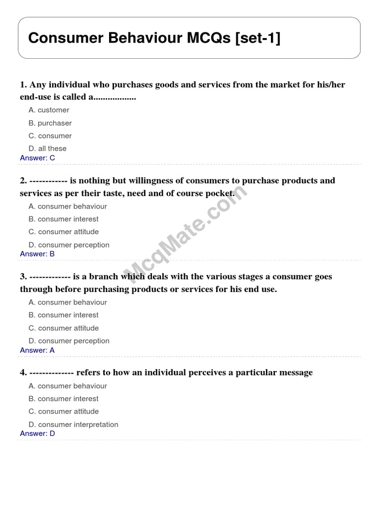 Consumer Behaviour MCQs Set 1 | PDF | Business