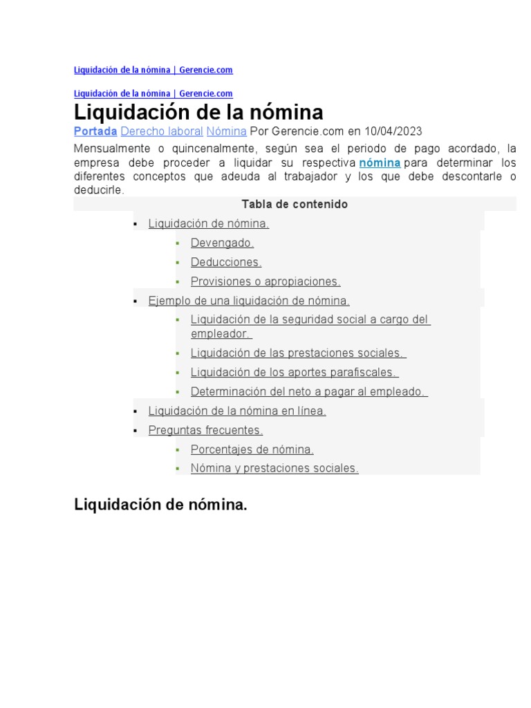 Liquidación de La Nómina | PDF | Cheque de pago | Salario