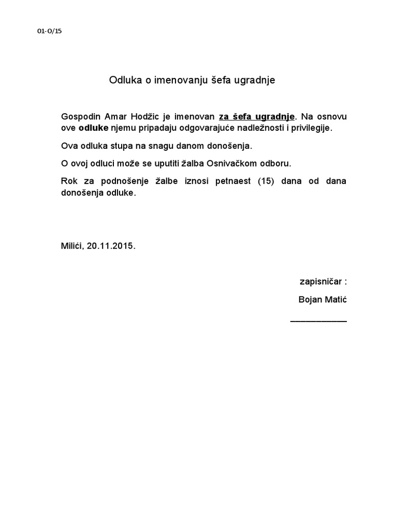 Odluka o Imenovanju Šefa Ugradnje | PDF