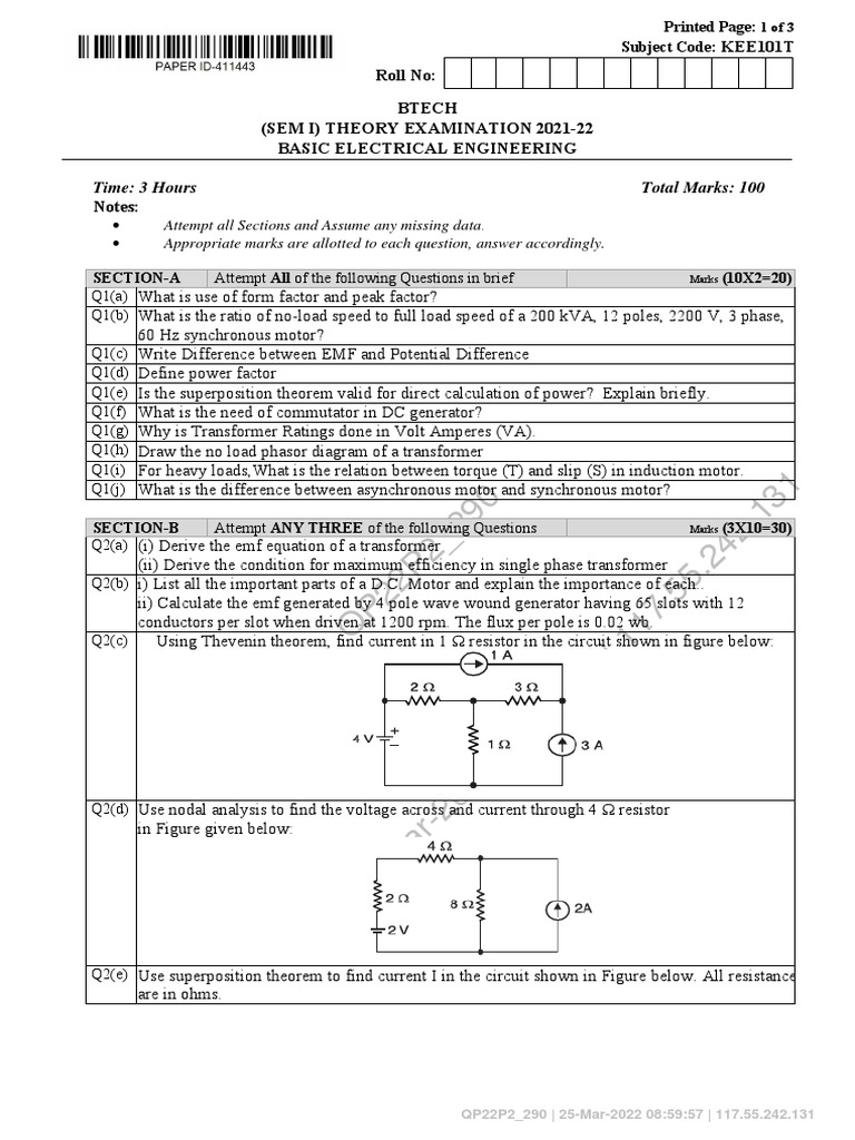 Time 3 Hours Total Marks 100 KEE101T Roll No Btech (Sem I) Theory
