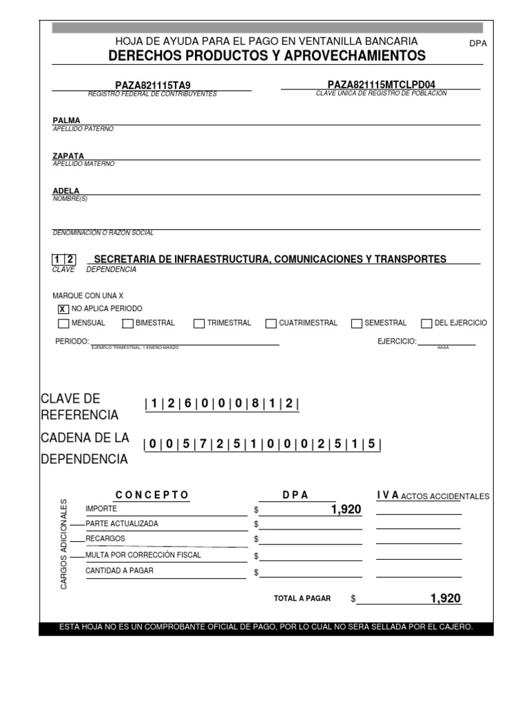 Derechos Productos Y Aprovechamientos: Hoja de Ayuda para El Pago en ...
