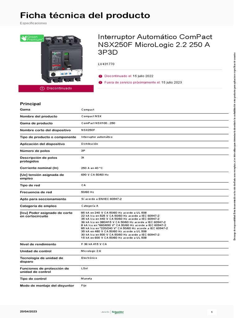 Ficha Técnica Del Producto: Interruptor Automático Compact Nsx250F ...