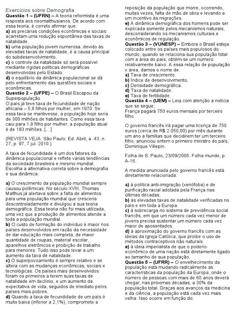 Exercícios Sobre Demografia Geo | PDF | Demografia | Crescimento ...