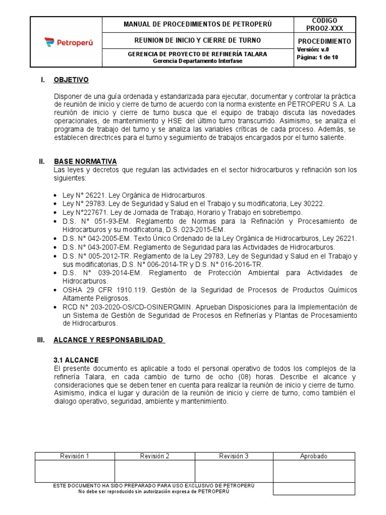 I. Objetivo: Manual de Procedimientos de Petroperú Código Proo2-Xxx ...