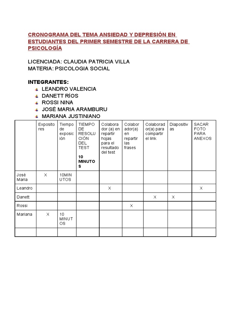 Cronograma de La Ansiedad y Depresion en Estudiantes Del Primer ...