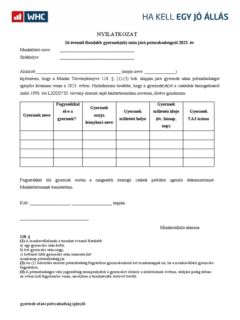 Gyermek Utáni Pótszabadság Igénylő | PDF