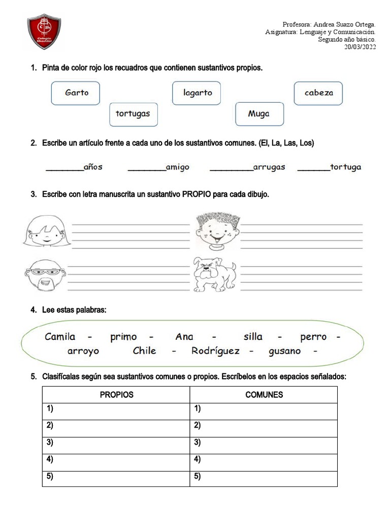 Actividades de Sustantivos para 2° Básico | PDF | Artes del Lenguaje y ...
