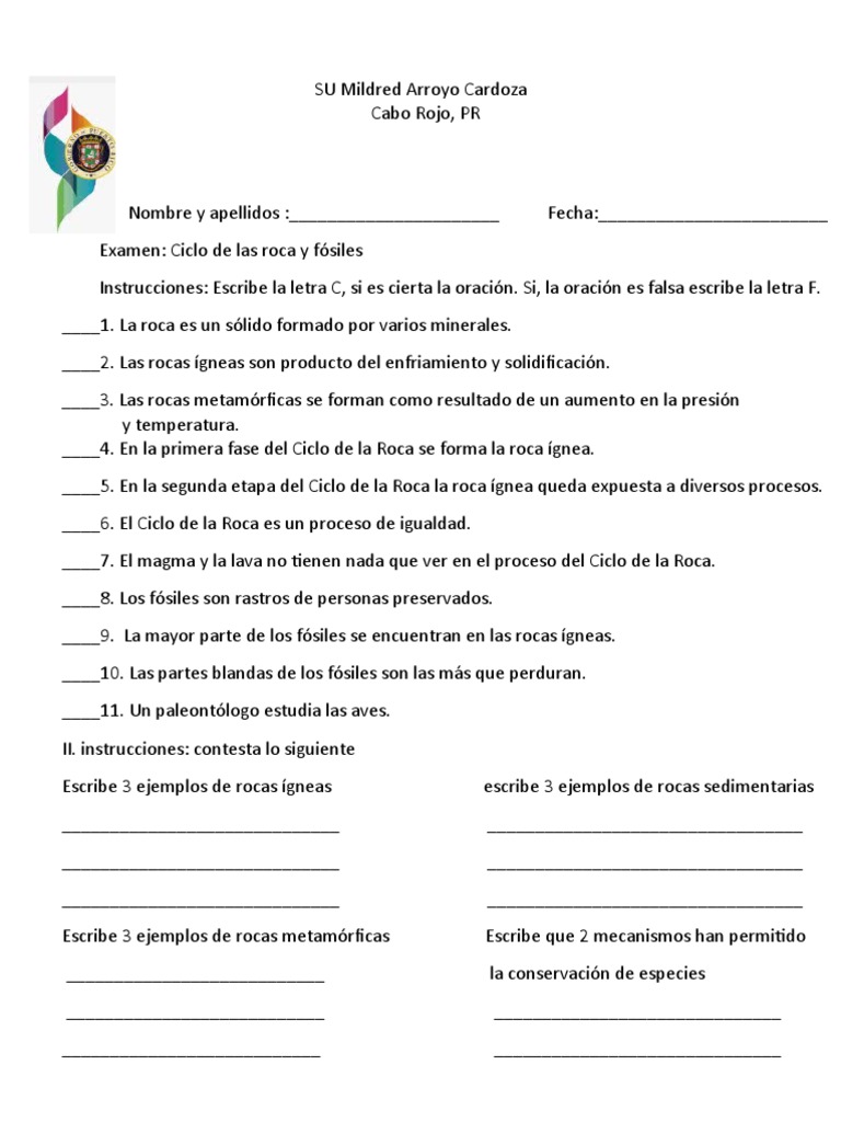 Examen sobre el Ciclo de las Rocas | PDF | Roca (geología) | Roca ígnea