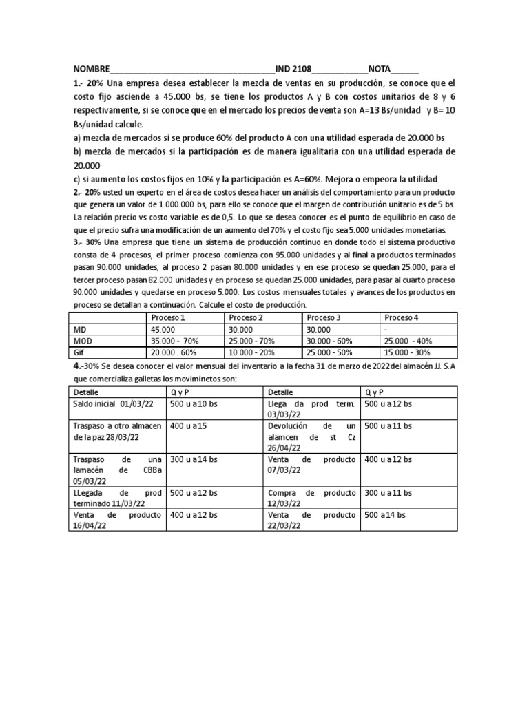 Análisis de Costos y Ventas en Producción | PDF | Economias | Ciencias ...
