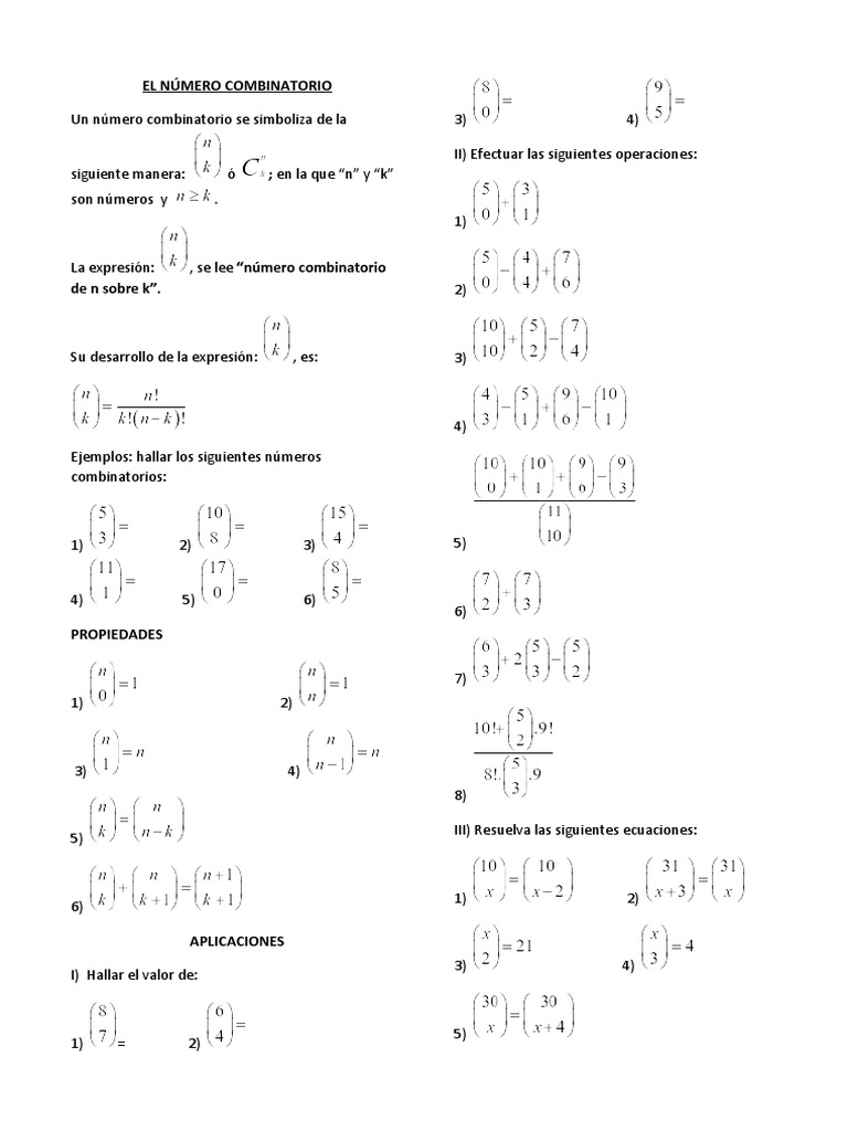 Propiedades y Ejercicios de Números Combinatorios | PDF