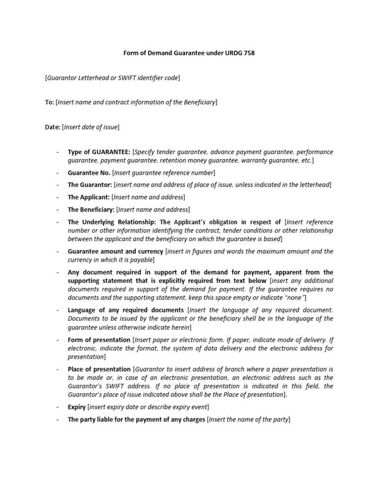 Demand Guarantee Form under URDG 758 | PDF | Guarantee | Payments