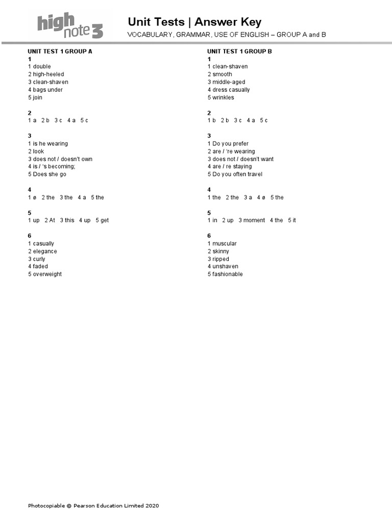 HighNote3 Unit Language Test Unit01 GroupA B ANSWERS | PDF