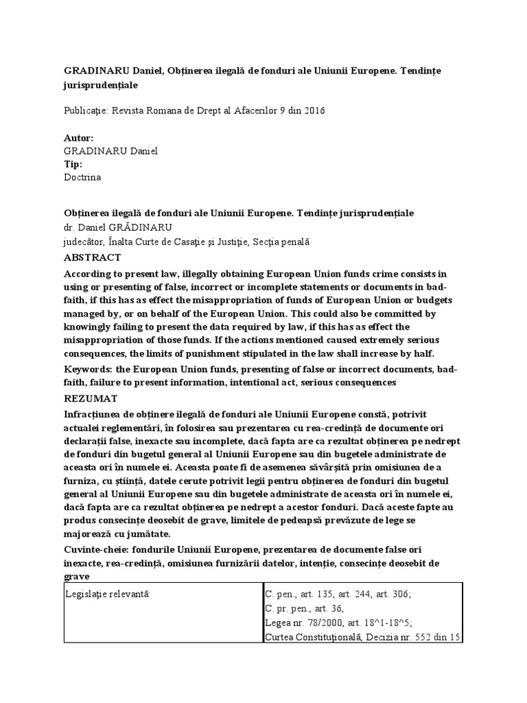 Gradinaru Daniel Obtinerea Ilegala de Fonduri Ale | PDF