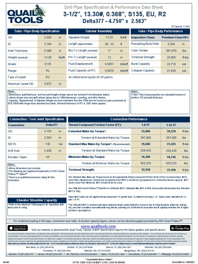 3-1/2'', 13.30#, 0.368'', S135, EU, R2: Delta377 - 4.750'' X 2.563 ...