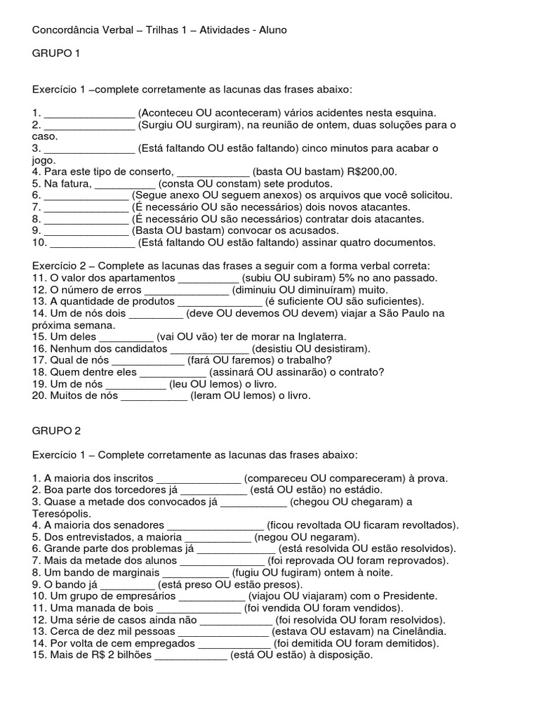 Concordância Verbal - Trilhas 1 - Atividades - Aluno | PDF