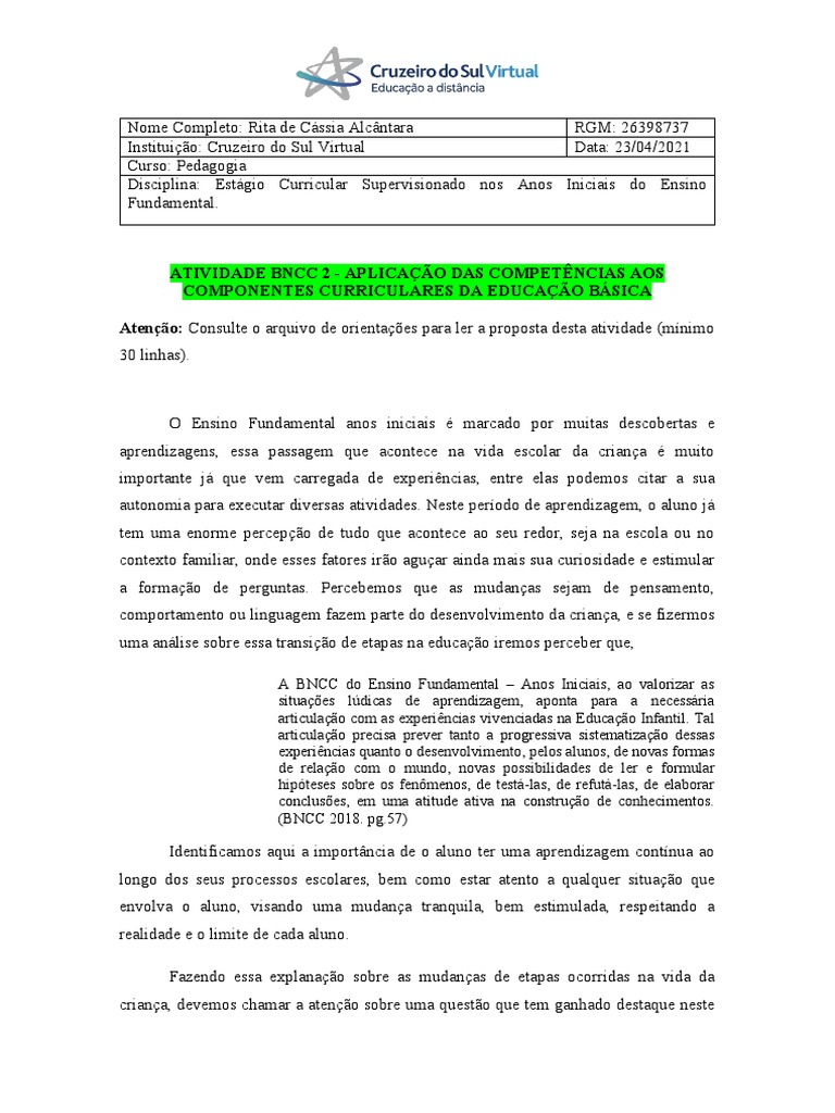 Template ATIVIDADE BNCC 2 PDF Aprendizado Pensamento