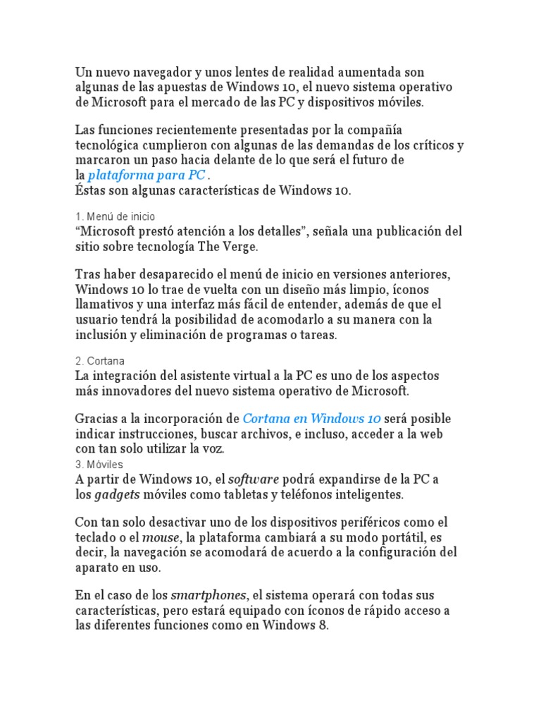 Características Clave de Windows 10 | PDF | Windows 10 | Microsoft Windows